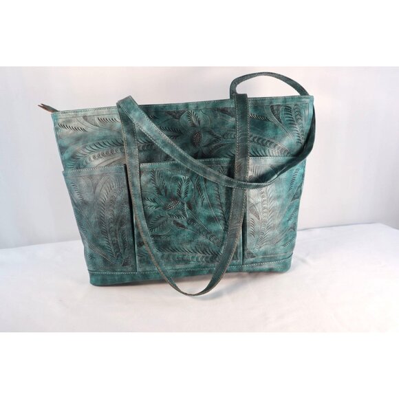 LEADERS IN LEATHER Turquoise Embossed Tote Bag with Floral Pattern - Picture 1 of 10